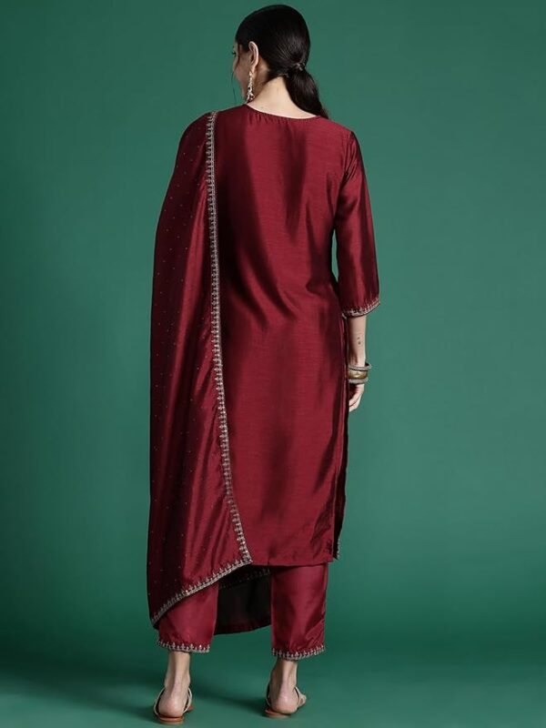 INDO ERA Women's Embroidered Silk Blend Straight Kurta Pant With Dupatta Set (Kh9Mr7891) - Image 3