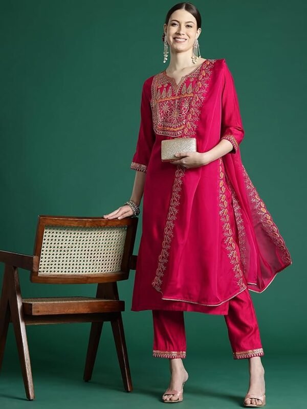 Visit the INDO ERA Store INDO ERA Women's Liva Cotton Blend Embroidered Straight Kurti Pant and Dupatta Set (RRRRR9569) - Image 4